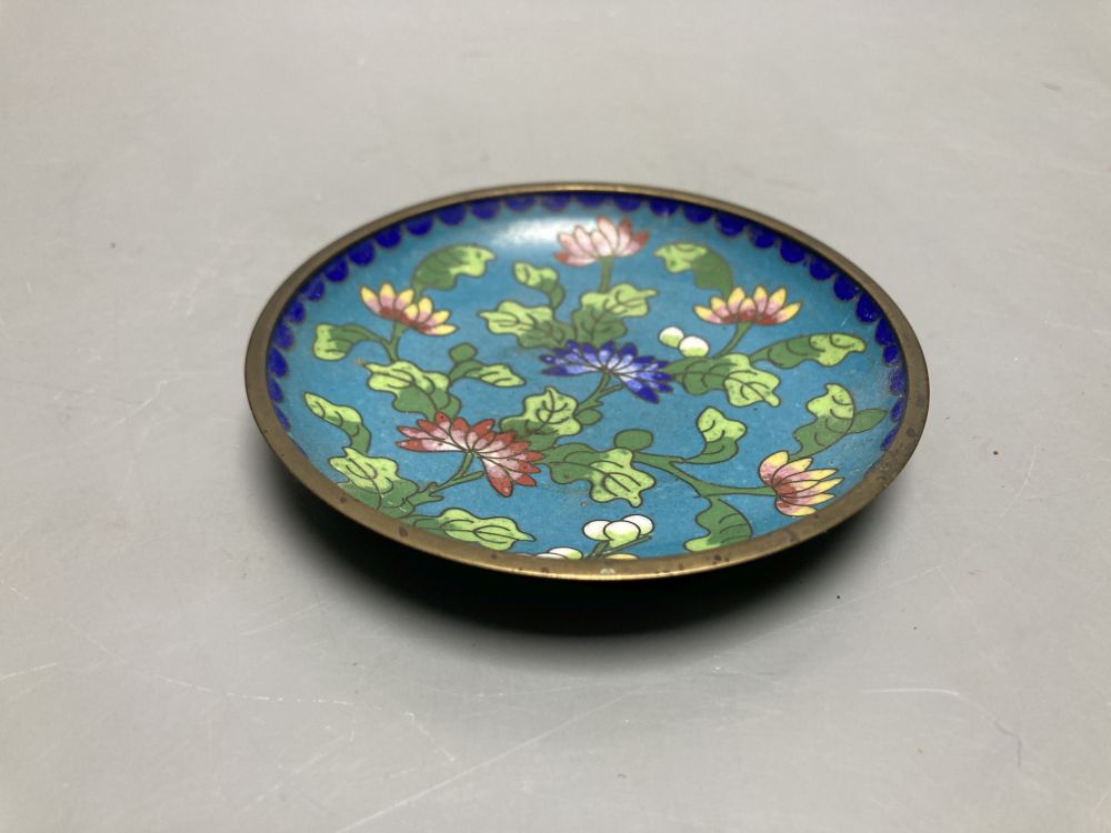 A Chinese cinnabar lacquer box, a carved ivory Chinese brush pot, 14cm and a cloisonne dish